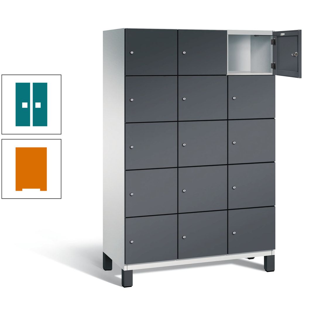 Fächerschrank, Stahlschrank, 15 Fächer, Türöffnungsbegrenzer, Füße, 1.980 x 1.200 x 525 mm (HxBxT), Korpus anthrazitgrau, Front anthrazitgrau