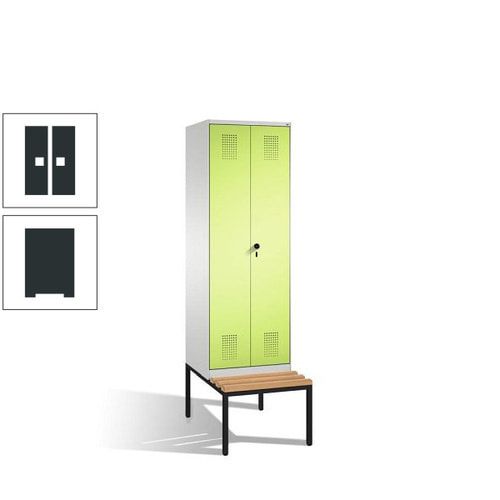Doppel-Spind, Garderobenschrank, Buche Sitzbank untergebaut, 2 Abteile a 300 mm, Korpus anthrazitgrau, Tür anthrazitgrau, 2.090 x 600 x 815 mm (HxBxT)