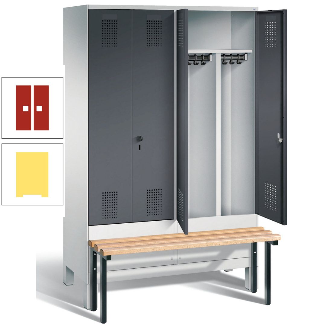 Doppel-Spind, Garderobenschrank, Buche Sitzbank vorgebaut, 4 Abteile a 300 mm, Korpus feuerrot, Tür Wasserblau, 1.850 x 1.200 x 815 mm (HxBxT)