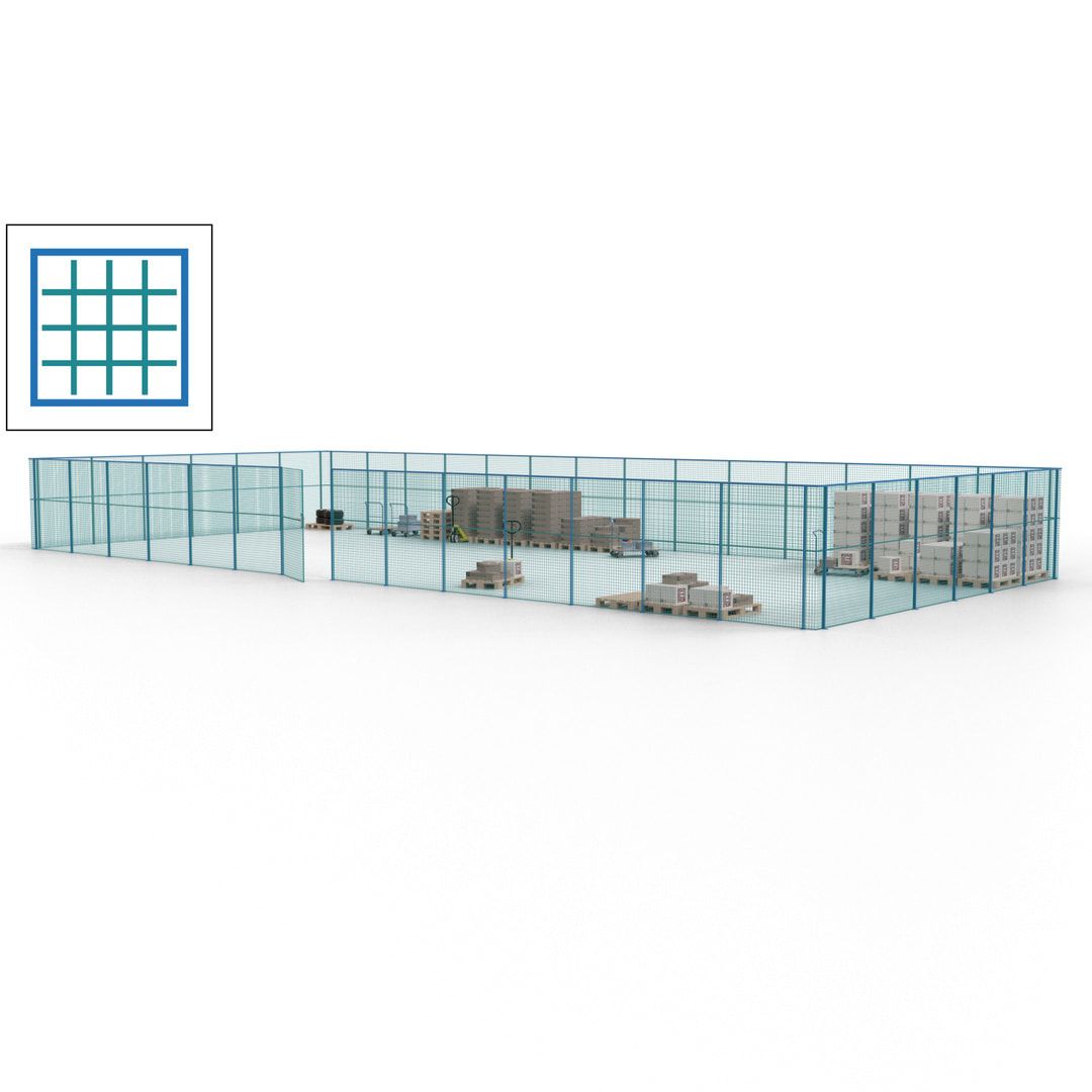 Maschinen Schutzgitter - Hallentrennwand - Sicherheitszaun - Tür - 60 m - 2.200 x 21.400 x 9.400 mm (HxBxT) - enzianblau