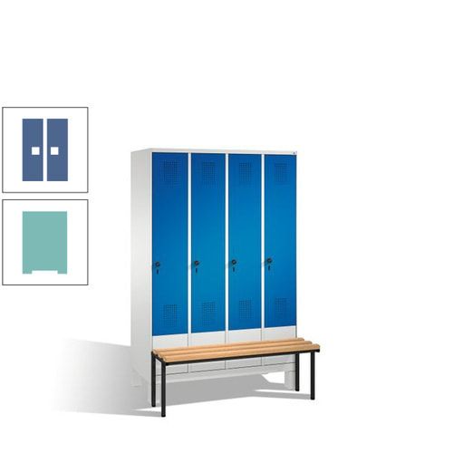 Stahl-Garderobenschrank, Spind, Buche Sitzbank vorgebaut, 4 Abteile a 300 mm, Korpus Lichtgrün, Tür Schwefelgelb, 1.850 x 1.200 x 815 mm (HxBxT)