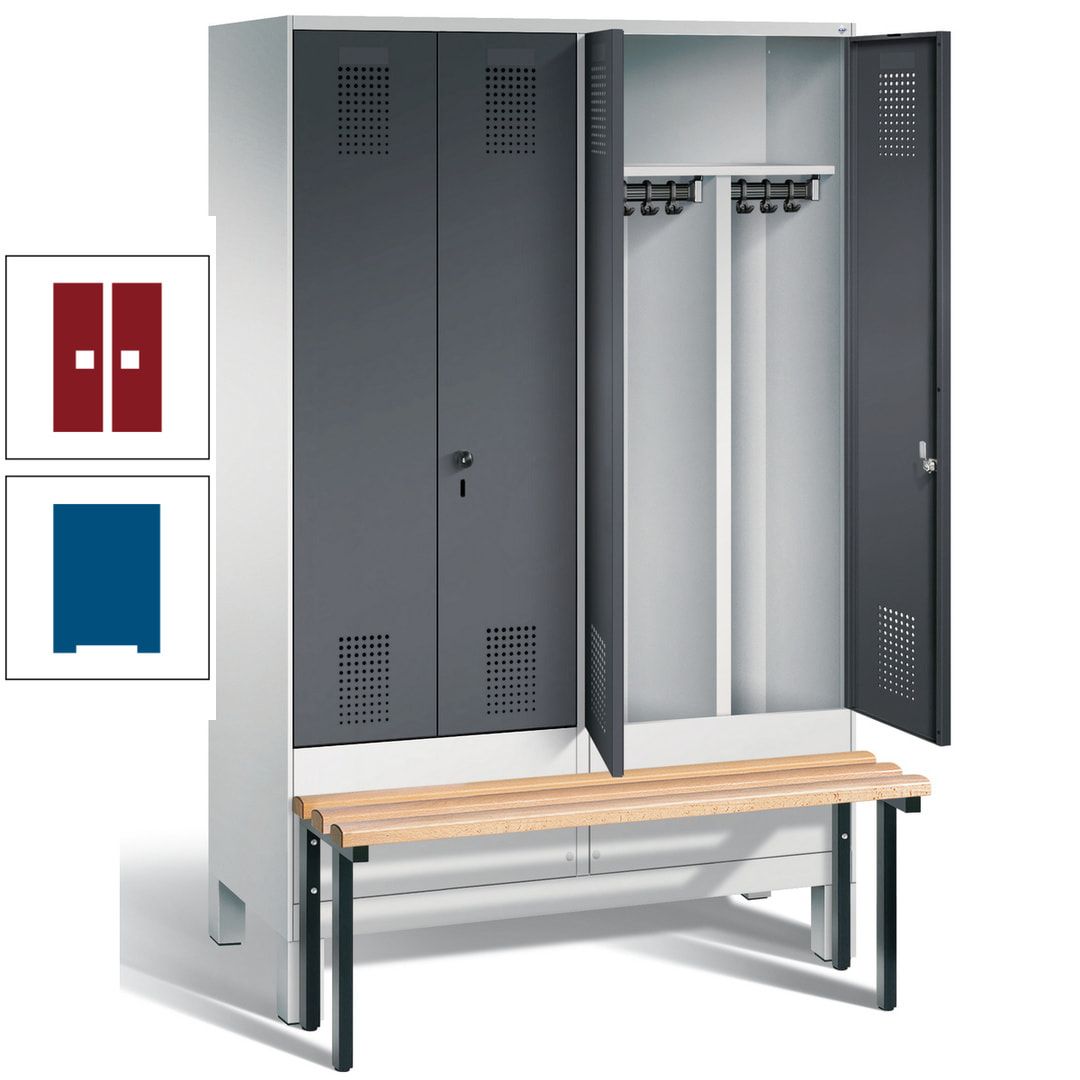 Doppel-Spind, Garderobenschrank, Buche Sitzbank vorgebaut, 4 Abteile a 300 mm, Korpus feuerrot, Tür Wasserblau, 1.850 x 1.200 x 815 mm (HxBxT)