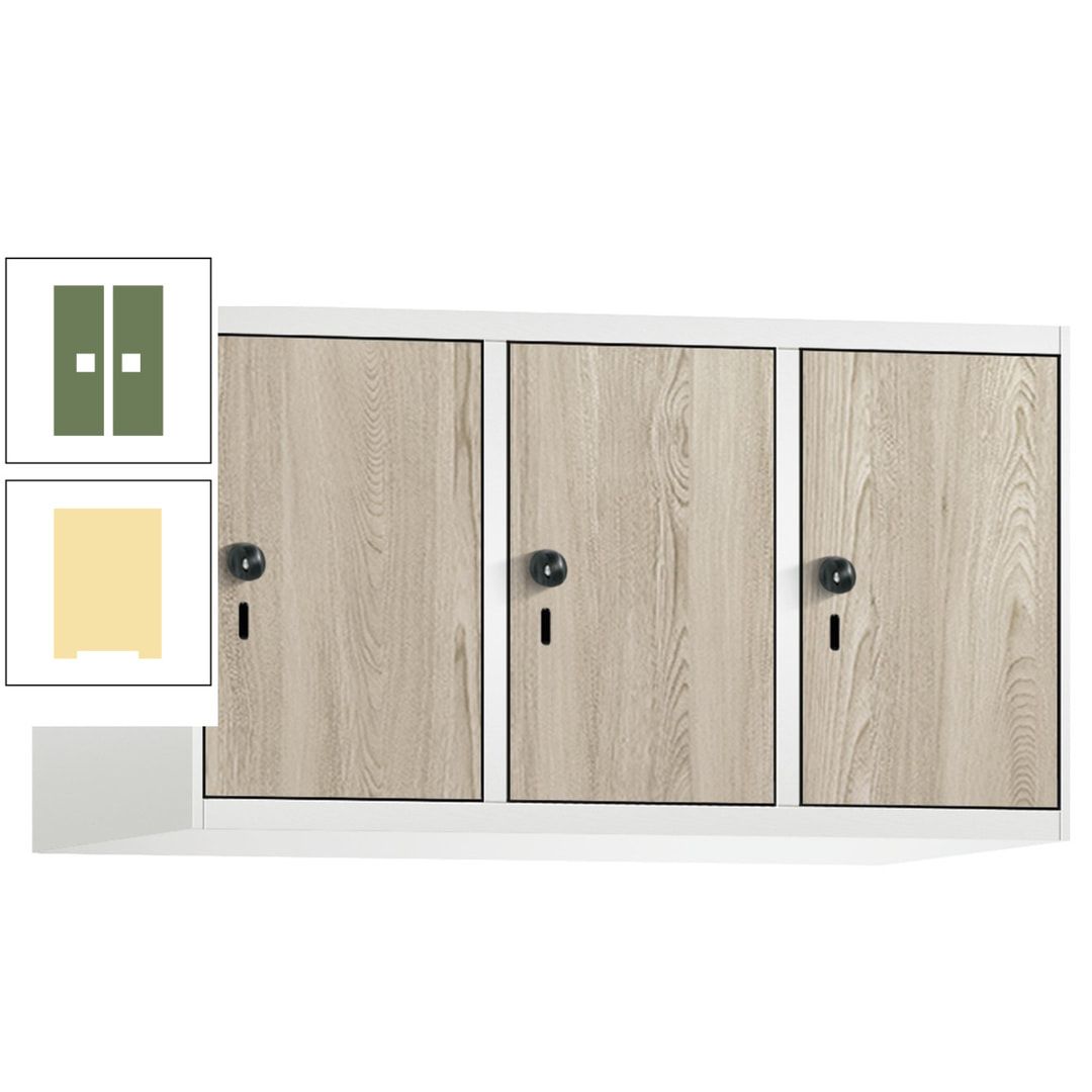 Aufsatzschrank, Schrankaufsatz, 3 Fächer a 300 mm, Farbe Pastellgelb, Tür anthrazitgrau, 500 x 900 x 500 mm (HxBxT)