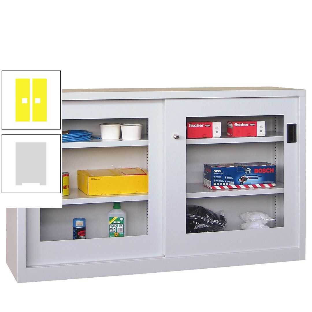 Schiebetürenschrank - Sichtfenstertüren - 1.000x1.500x600 mm (HxBxT) - 4 Böden, verzinkt - Zylinderschloss - anthrazitgrau