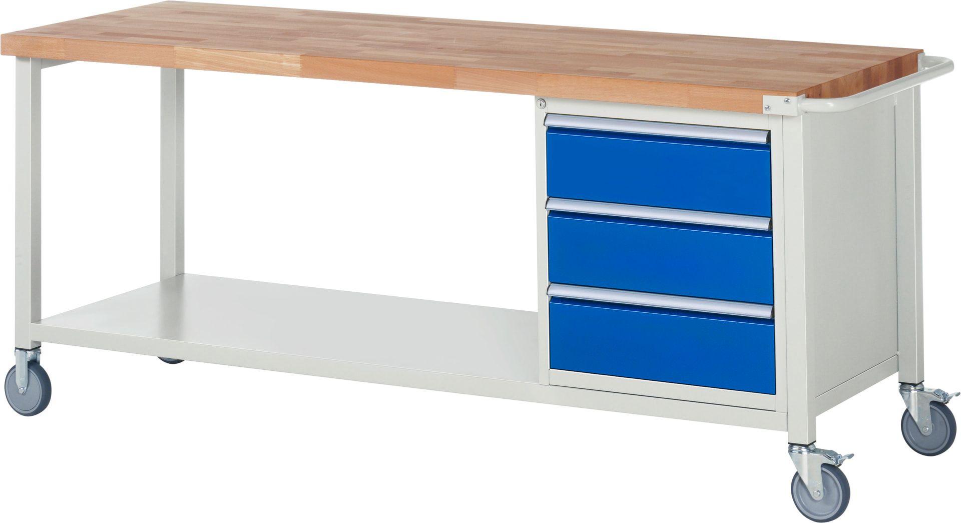 Mobile Werkbank mit 3 Schubladen - Teilauszug - 180:3 - 880 x 2.000 x 700 mm (HxBxT) - Traglast 450 kg - Buche - Anthrazitgrau