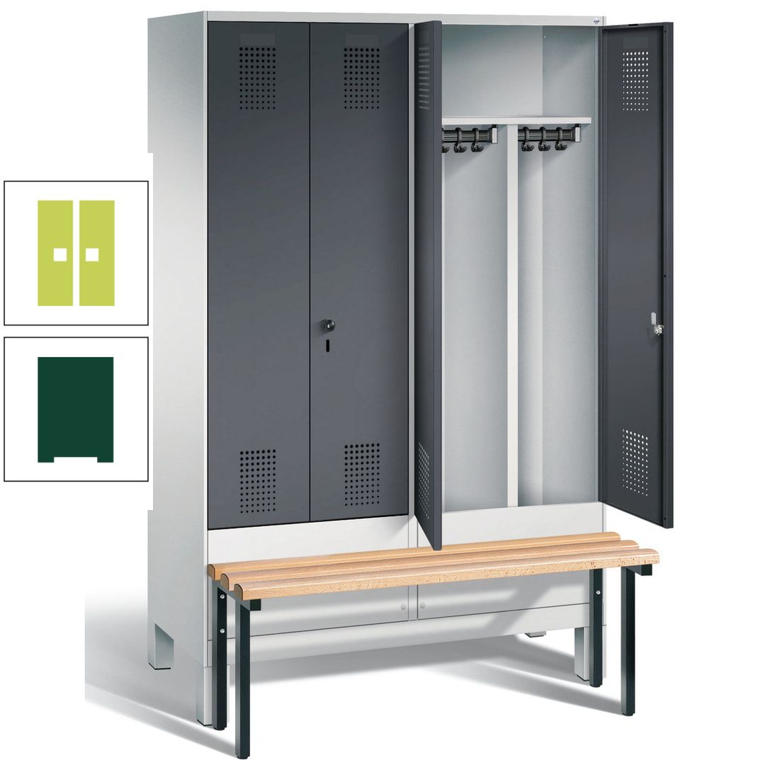 Doppel-Spind, Garderobenschrank, Buche Sitzbank vorgebaut, 4 Abteile a 300 mm, Korpus feuerrot, Tür Wasserblau, 1.850 x 1.200 x 815 mm (HxBxT)