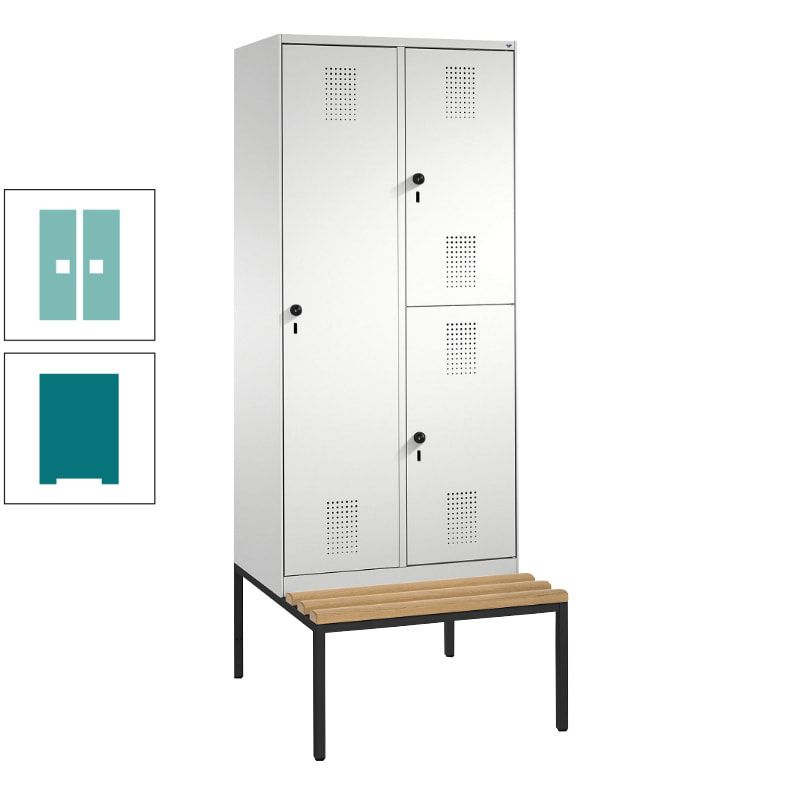 Garderobenschrank, Spind ein- und doppelstöckig Sitzbank, 2 Abteile, 3 Fächer, 2.090 x 800 x 500 mm (HxBxT), Front anthrazitgrau, Korpus anthrazitgrau