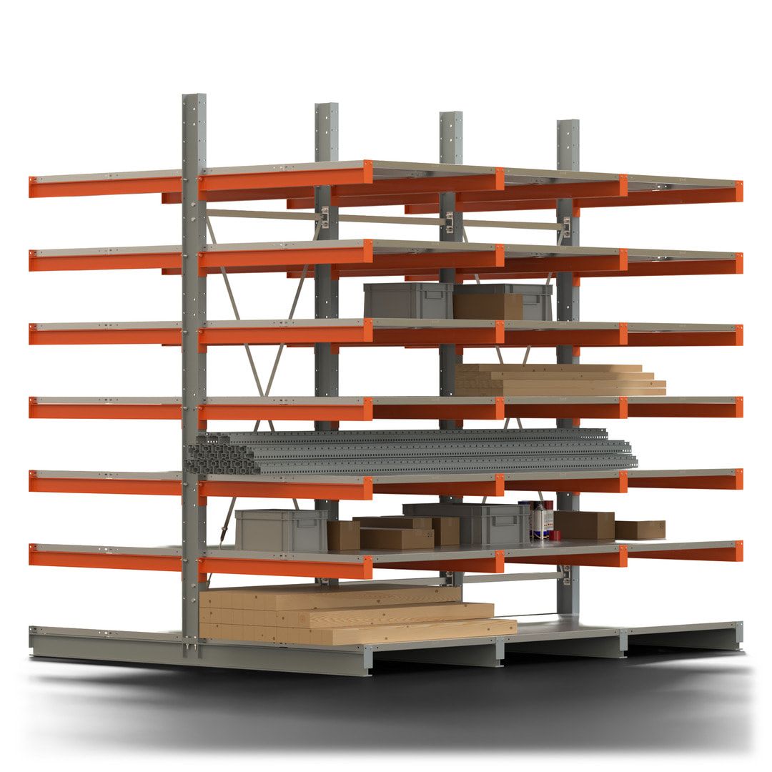 Doppelseitiges Kragarmregal mit Fachböden, 2 Felder, 3.000 x 2.000 (HxB), Nutztiefe 1.000 mm, Kragarmlast 450 kg, KARL basic, silbergrau/reinorange