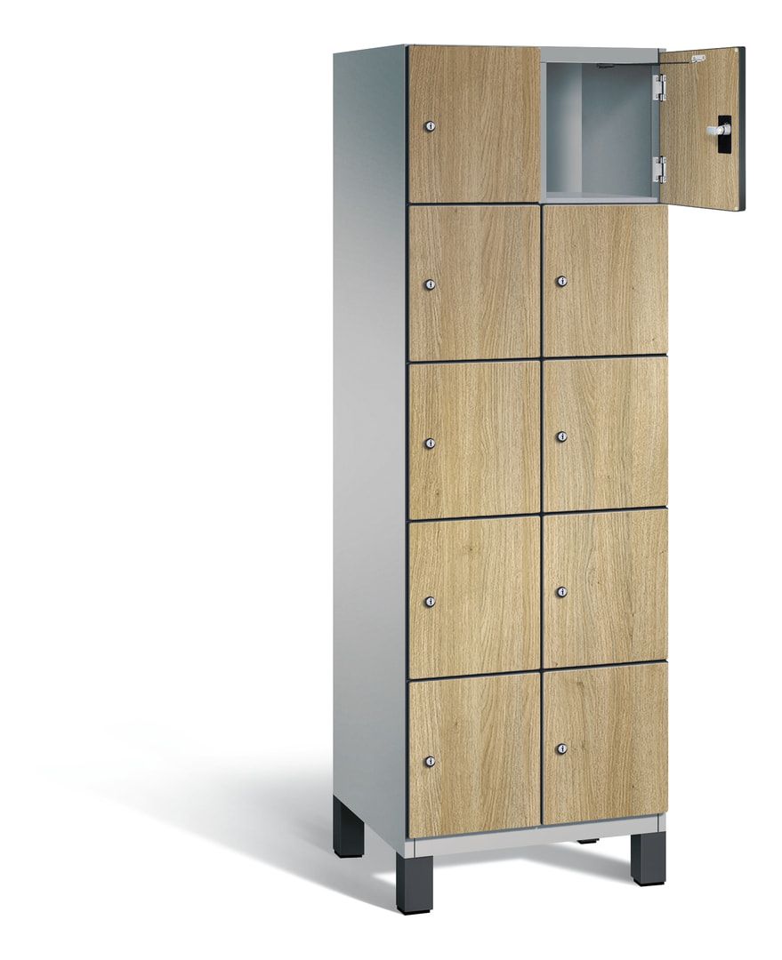 Fächerschrank, Stahlschrank, 10 Fächer, Türöffnungsbegrenzer, Füße, 1.980 x 600 x 525 mm, Korpus anthrazitgrau, Dekorfront HPL Donau-Ahorn