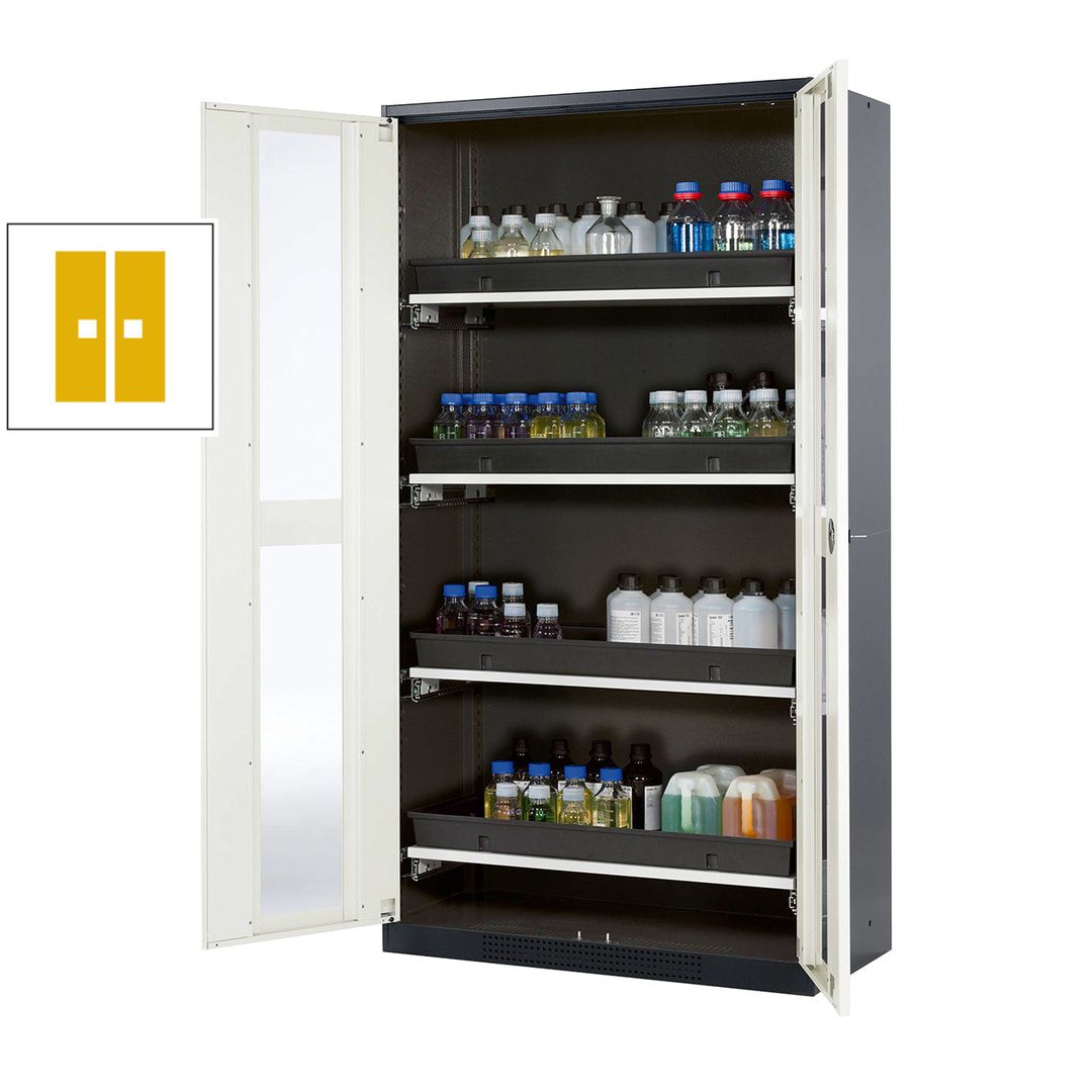 Chemikalienschrank - Falttüren - 1.950 x 1.055 x 520 mm (HxBxT) - 4 Tablarauszüge - anthrazitgrau/enzianblau