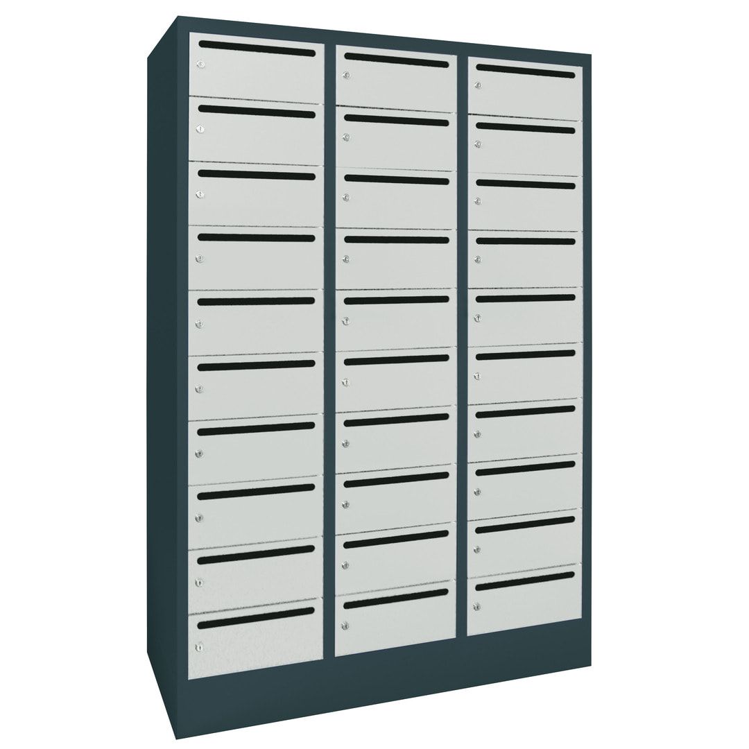 Postverteilerschrank, Schließfachschrank, 3 Abteile a 300 mm, 30 Fächer, 1.850 x 900 x 500 mm (HxBxT), Korpus anthrazitgrau, Front anthrazitgrau