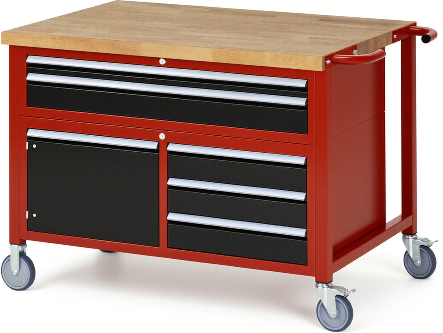 Mobile Werkbank, Schrank - 5 Schubladen - Teilauszug - 60:1/120:4 - Höhe 920-1.120 mm - 1.250 x 900 mm - 450 kg - Anthrazitgrau