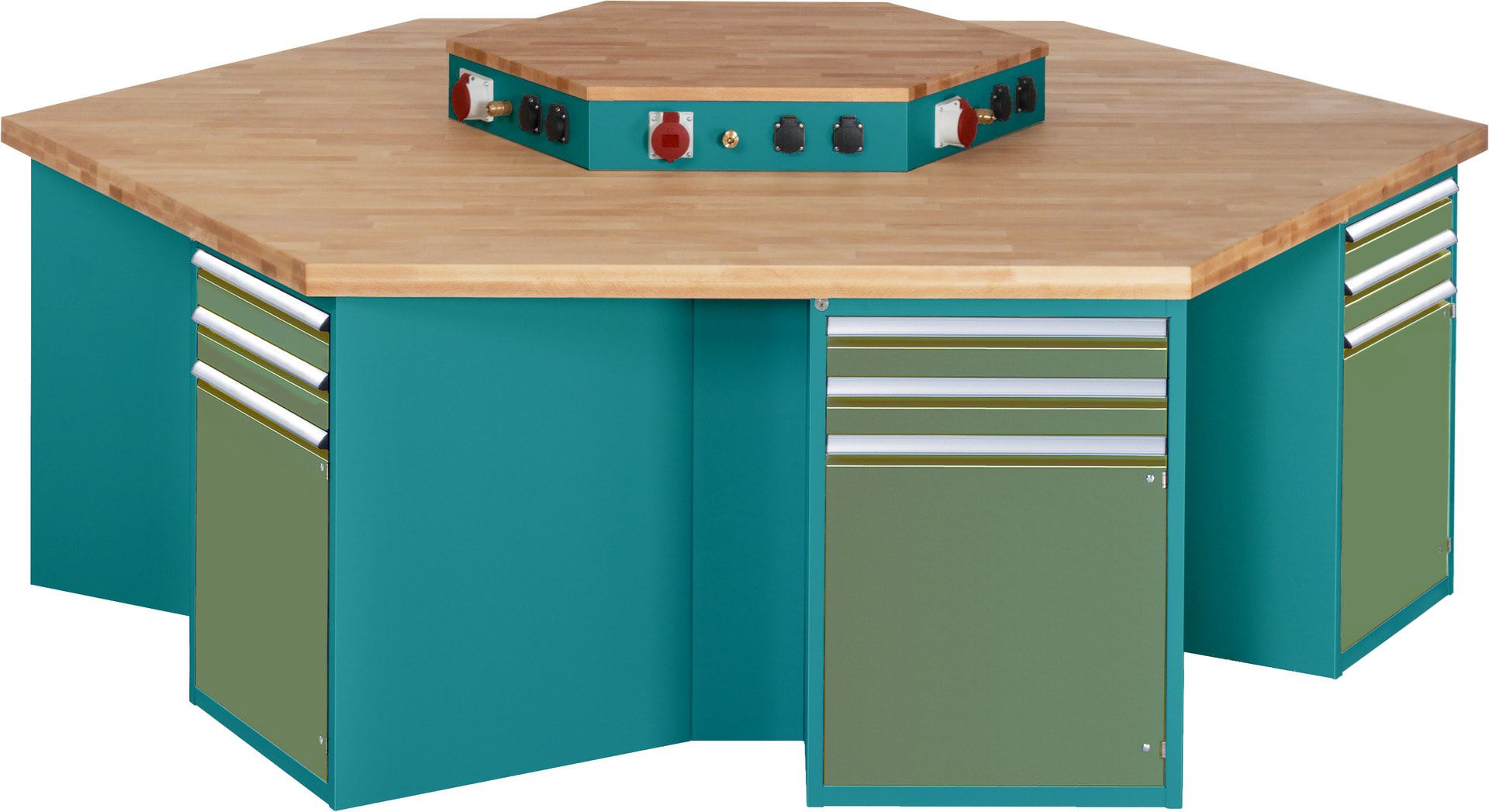 Gruppenwerkbank, Buche, Höhe 840 mm, mit Energieaufsatz, Unterbau-Container, 2 Schubladen, 1 Tür, 1 Boden - Anthrazitgrau