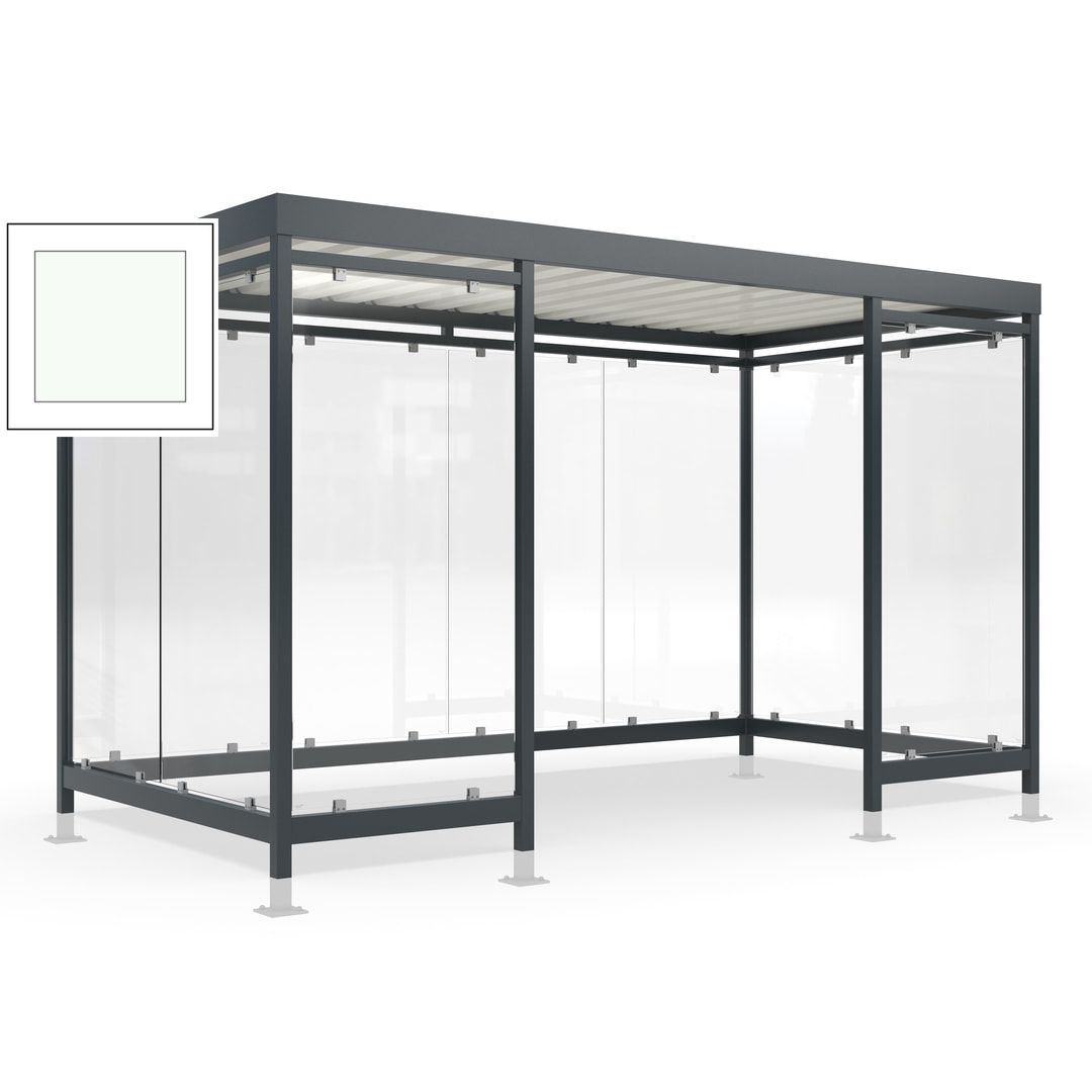 Raucherunterstand für 12-13 Personen, Bushaltestelle, mit Überpflasterung, 2.440 x 4.195 x 2.165 mm (HxBxT), 10 Wände, Achatgrau