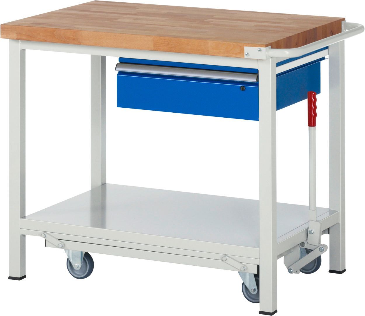 Mobile absenkbare Werkbank mit 1 Schublade - 150:1 - 880 x 1.000 x 700 mm (HxBxT) - Traglast 1.250 kg - Buche - Anthrazitgrau
