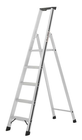 Aluminium Stufenstehleiter, Plattform, Rutschhemmung R11, Kunststoffablage, Eimerhaken, Länge wählbar, 3-8 Stufen, 4-8 kg, Stufentiefe 80 mm, Hymer