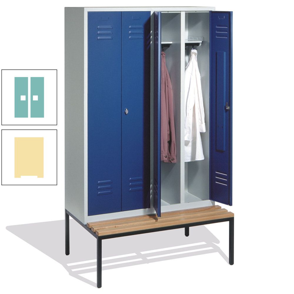 Doppel-Spindschrank, Buche Sitzbank untergebaut, 4 Abteile a 300 mm, Korpus lichtgrau, Tür anthrazitgrau, 2.090 x 1.190 x 815 mm (HxBxT)