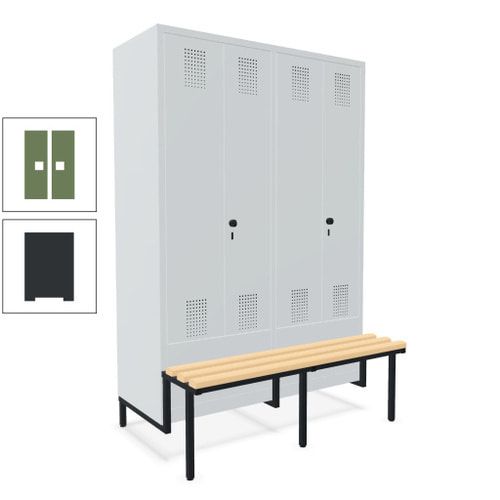 Doppel-Spind, Garderobenschrank, Buche Sitzbank integriert, 4 Abteile 300 mm, Korpus anthrazitgrau, Tür anthrazitgrau, 1.850 x 1.200 x 815 mm (HxBxT)