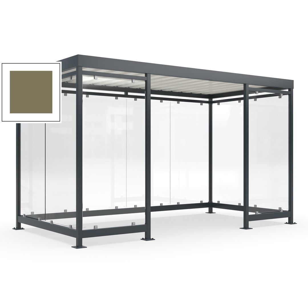 Fahrgastunterstand, Raucherunterstand, fertig montiert, Aufdübeln, 12-13 Personen, 2.510 x 4.195 x 2.165 mm (HxBxT), 10 Wände, Achatgrau