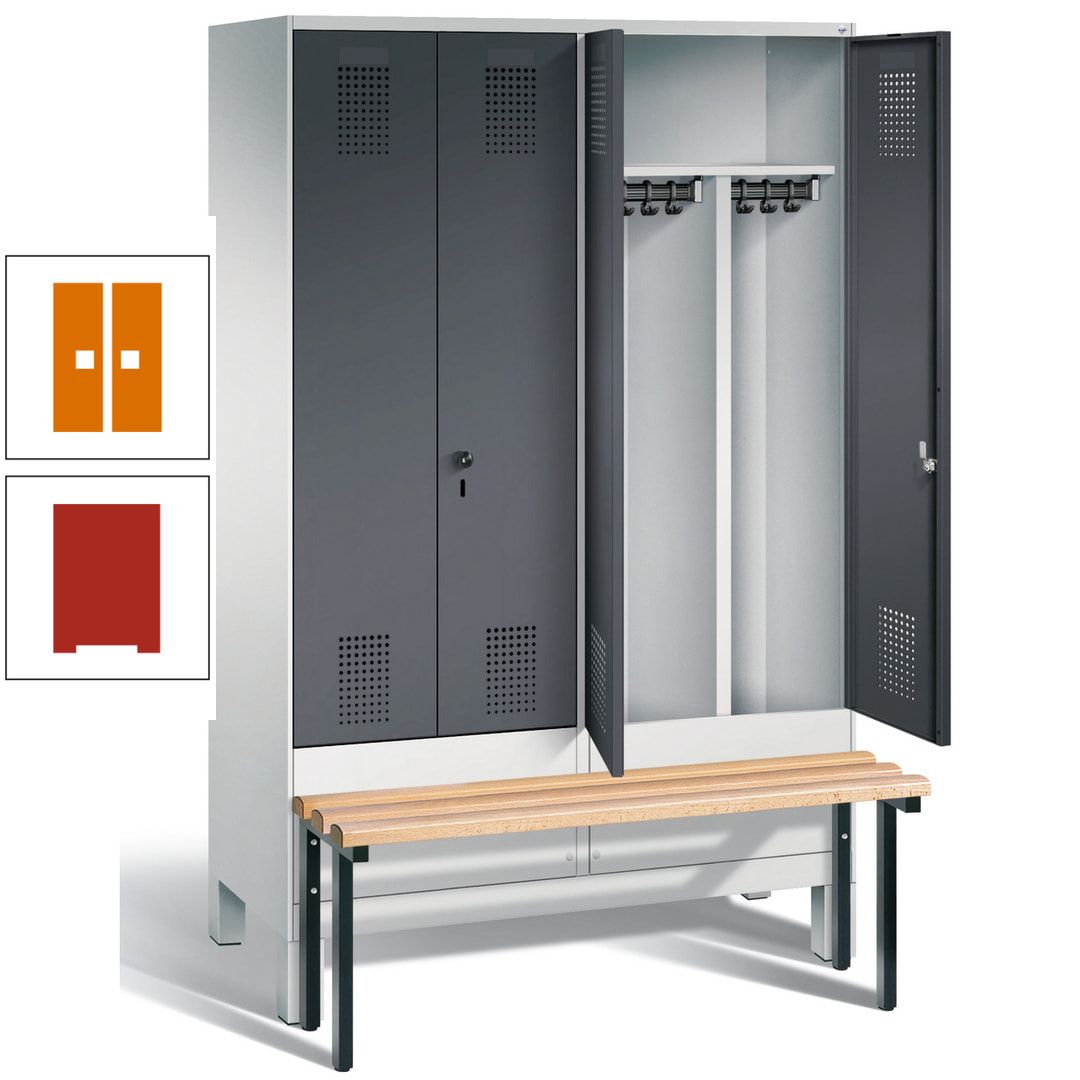 Doppel-Spind, Garderobenschrank, Buche Sitzbank vorgebaut, 4 Abteile a 300 mm, Korpus feuerrot, Tür Wasserblau, 1.850 x 1.200 x 815 mm (HxBxT)