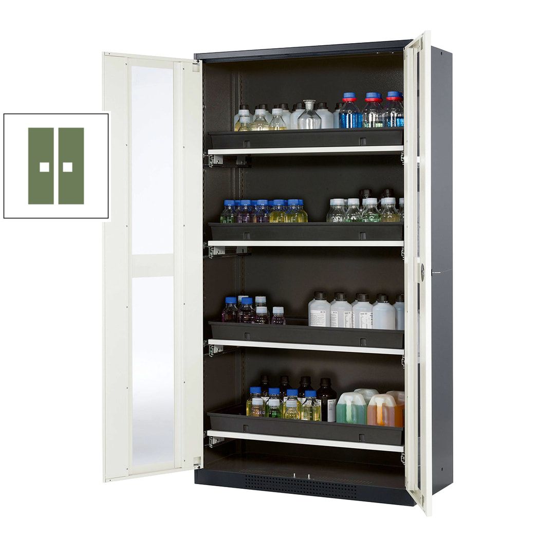 Chemikalienschrank - Falttüren - 1.950 x 1.055 x 520 mm (HxBxT) - 4 Tablarauszüge - anthrazitgrau/enzianblau