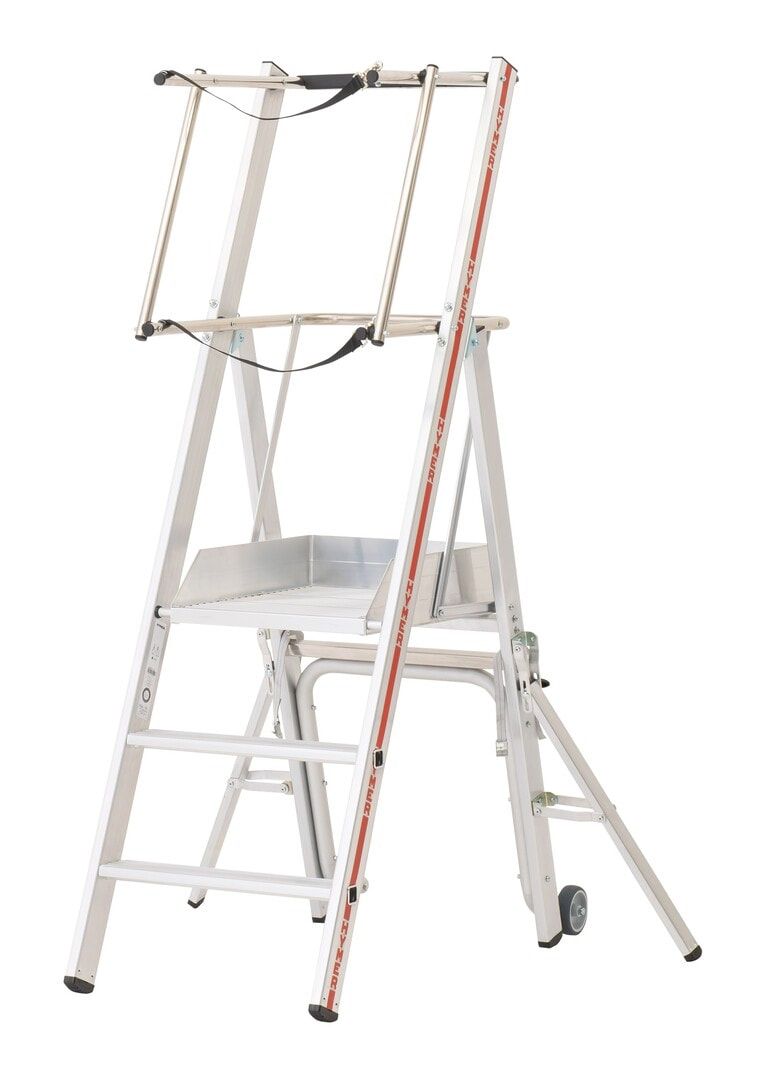 Plattformleiter mit kurzem Handlauf, Absturzsicherung, 2 Kipprollen, Rutschhemmung R11, Leiterlänge 1.610 mm, 2 Stufen, Traglast 150 kg, Hymer