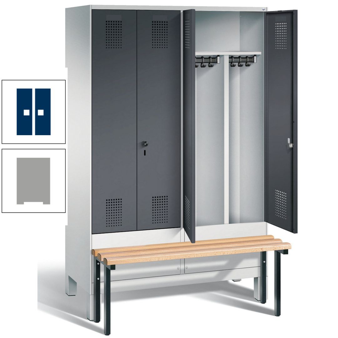 Doppel-Spind, Garderobenschrank, Buche Sitzbank vorgebaut, 4 Abteile a 300 mm, Korpus feuerrot, Tür Wasserblau, 1.850 x 1.200 x 815 mm (HxBxT)