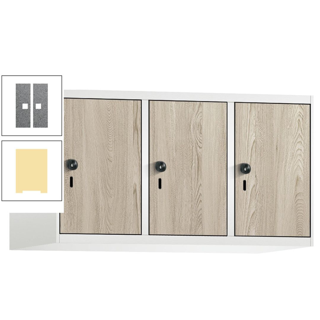 Aufsatzschrank, Schrankaufsatz, 3 Fächer a 300 mm, Farbe Pastellgelb, Tür anthrazitgrau, 500 x 900 x 500 mm (HxBxT)