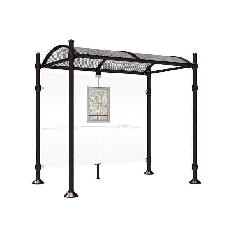 Buswartehalle, Unterstand, 2.500 x 2.500 x 1.600 mm (HxBxT), Kopfmodell Agora, ESG, Fahrplanschaukasten, Farbe enzianblau