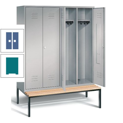 Doppel-Spindschrank, Buche Sitzbank untergebaut, 4 Abteile a 400 mm, Korpus lichtgrau, Tür anthrazitgrau, 2.090 x 1.590 x 815 mm (HxBxT)