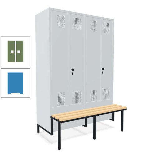 Doppel-Spind, Garderobenschrank, Buche Sitzbank integriert, 4 Abteile 300 mm, Korpus anthrazitgrau, Tür anthrazitgrau, 1.850 x 1.200 x 815 mm (HxBxT)