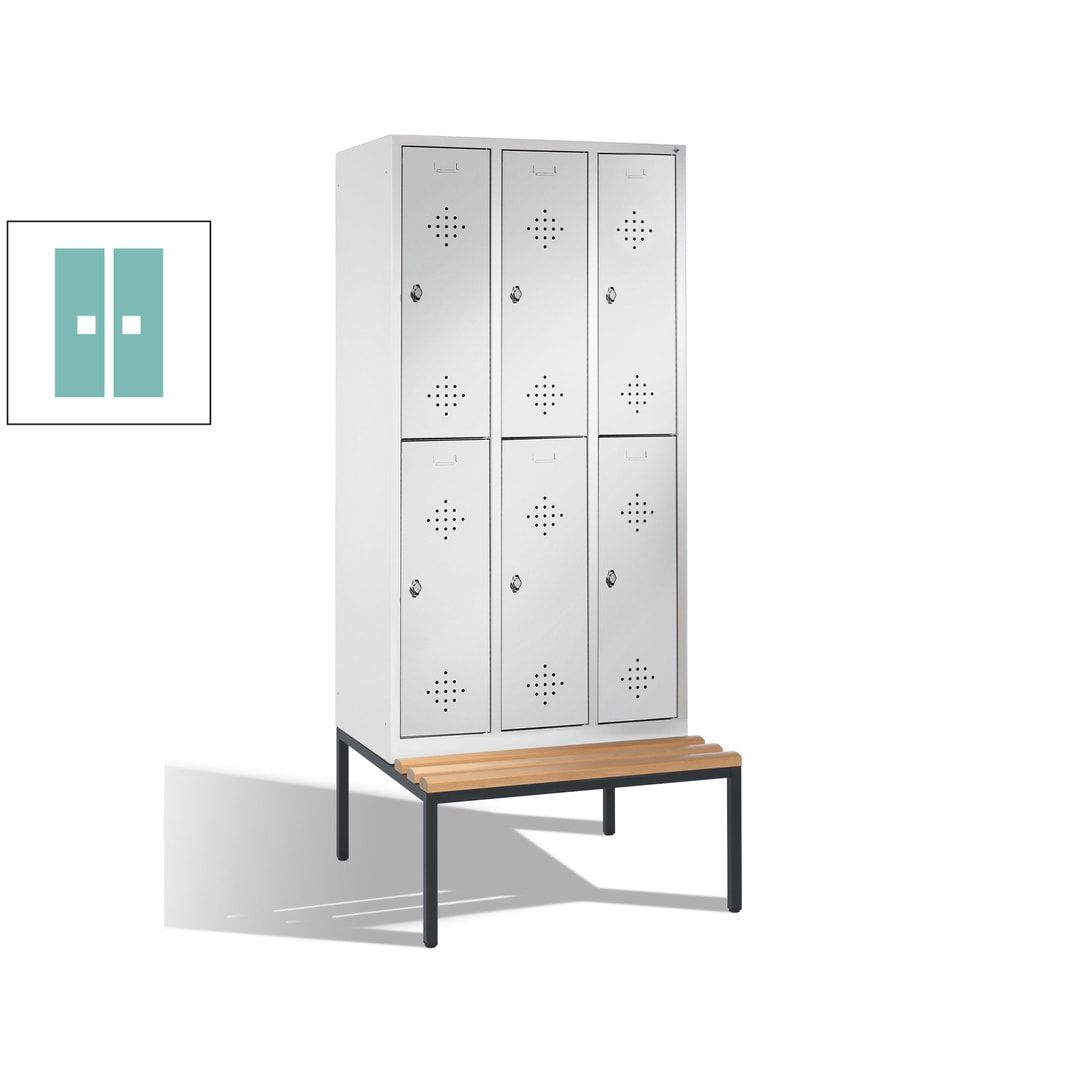 Garderobenschrank, Spind, 3 Abteile 6 Fächer, 2.090 x 1.200 x 815 mm (HxBxT), Hartholz Sitzbank untergebaut, Korpus anthrazitgrau, Türen anthrazitgrau