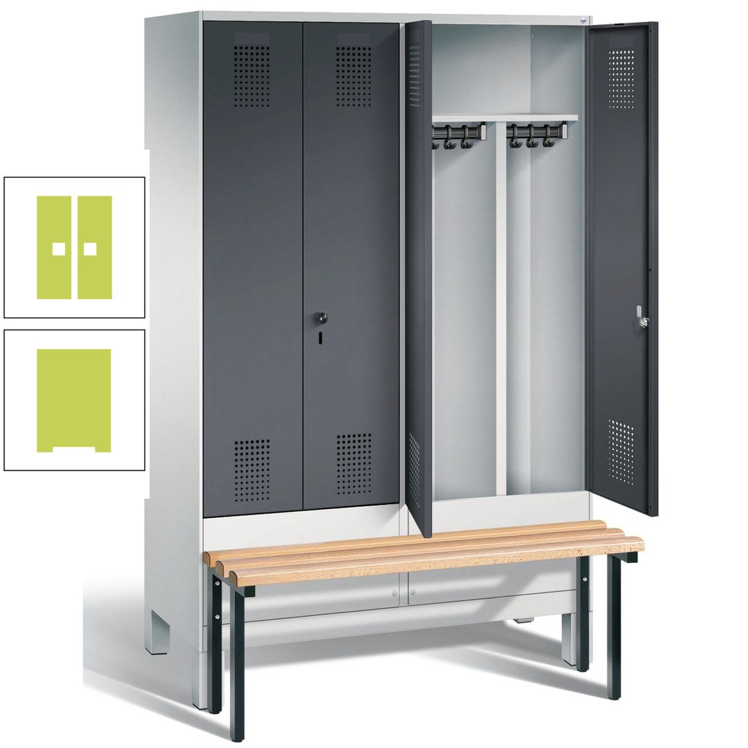 Doppel-Spind, Garderobenschrank, Buche Sitzbank vorgebaut, 4 Abteile a 300 mm, Korpus feuerrot, Tür Wasserblau, 1.850 x 1.200 x 815 mm (HxBxT)
