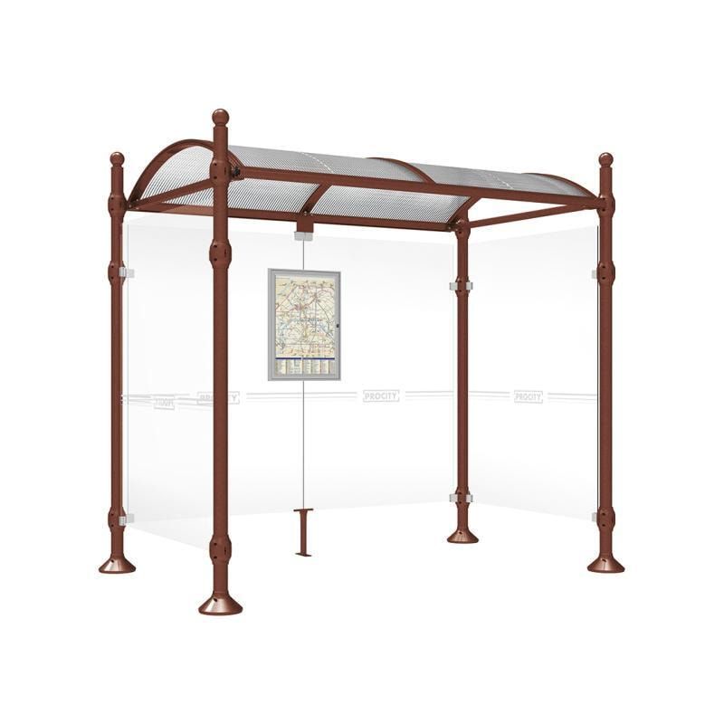 Buswartehalle, Unterstand, 2 Seitenwände, Kopf gebürsteter Edelstahl, ESG, Fahrplanschaukasten, 2.500 x 2.500 x 1.600 mm (HxBxT), Farbe enzianblau