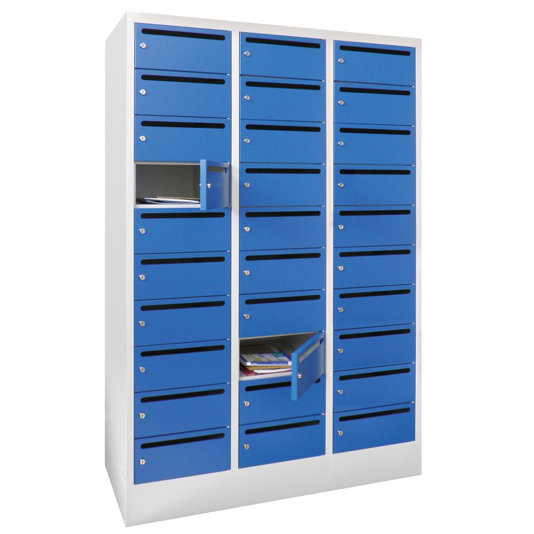 Postverteilerschrank, Schließfachschrank, 3 Abteile a 300 mm, 30 Fächer, 1.850 x 900 x 500 mm (HxBxT), Korpus anthrazitgrau, Front anthrazitgrau