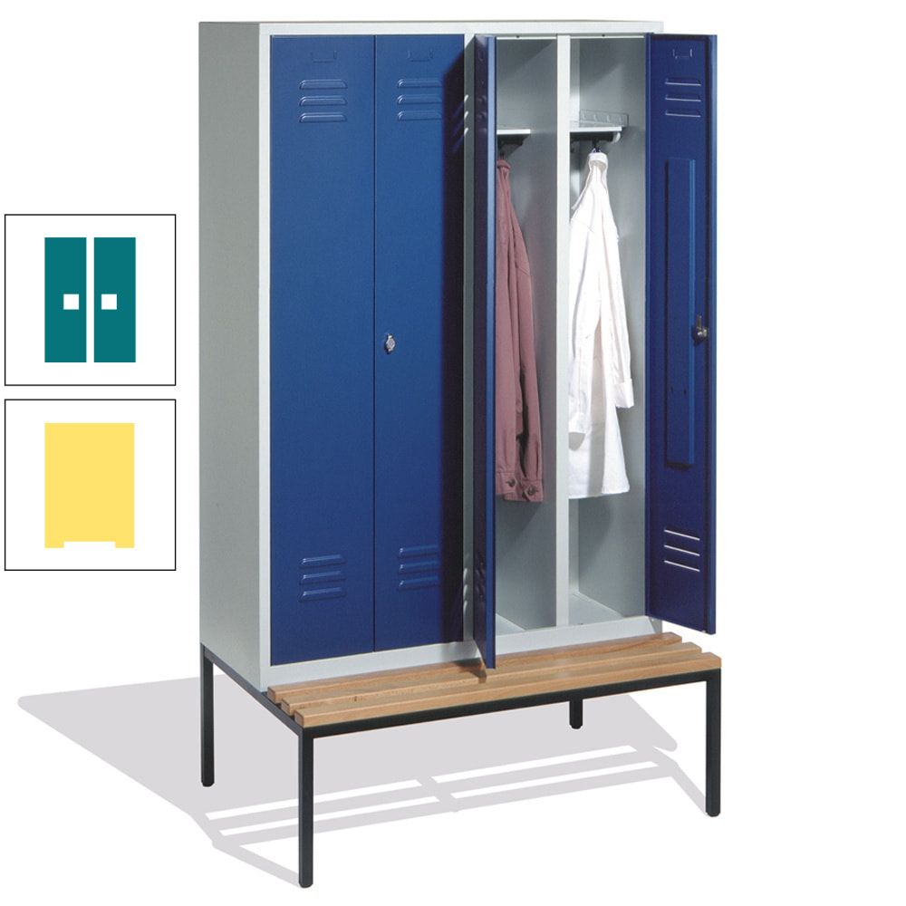 Doppel-Spindschrank, Buche Sitzbank untergebaut, 4 Abteile a 300 mm, Korpus lichtgrau, Tür anthrazitgrau, 2.090 x 1.190 x 815 mm (HxBxT)