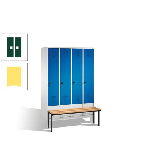 Stahl-Garderobenschrank, Spind, Buche Sitzbank vorgebaut, 4 Abteile a 300 mm, Korpus Lichtgrün, Tür Schwefelgelb, 1.850 x 1.200 x 815 mm (HxBxT)