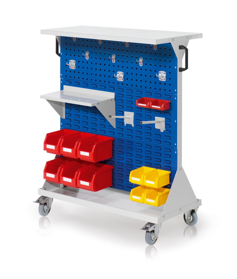 Mobiler Rollwagen, 2 Loch- und 4 Schlitzplatten, 12 Halter und 12 Sichtlagerkästen, Ablage- und Stahlboden, 1.270 x 1.000 x 500 mm (HxBxT), Enzianblau