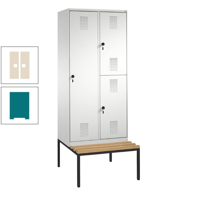 Garderobenschrank, Spind ein- und doppelstöckig Sitzbank, 2 Abteile, 3 Fächer, 2.090 x 800 x 500 mm (HxBxT), Front anthrazitgrau, Korpus anthrazitgrau