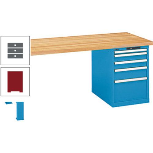 Werkbank, Buche Arbeitsplatte - Code Lock - Tragkraft 1.000 kg - 850 x 2.000 x 800 mm (HxBxT) - 4 Schubladen - Capriblau