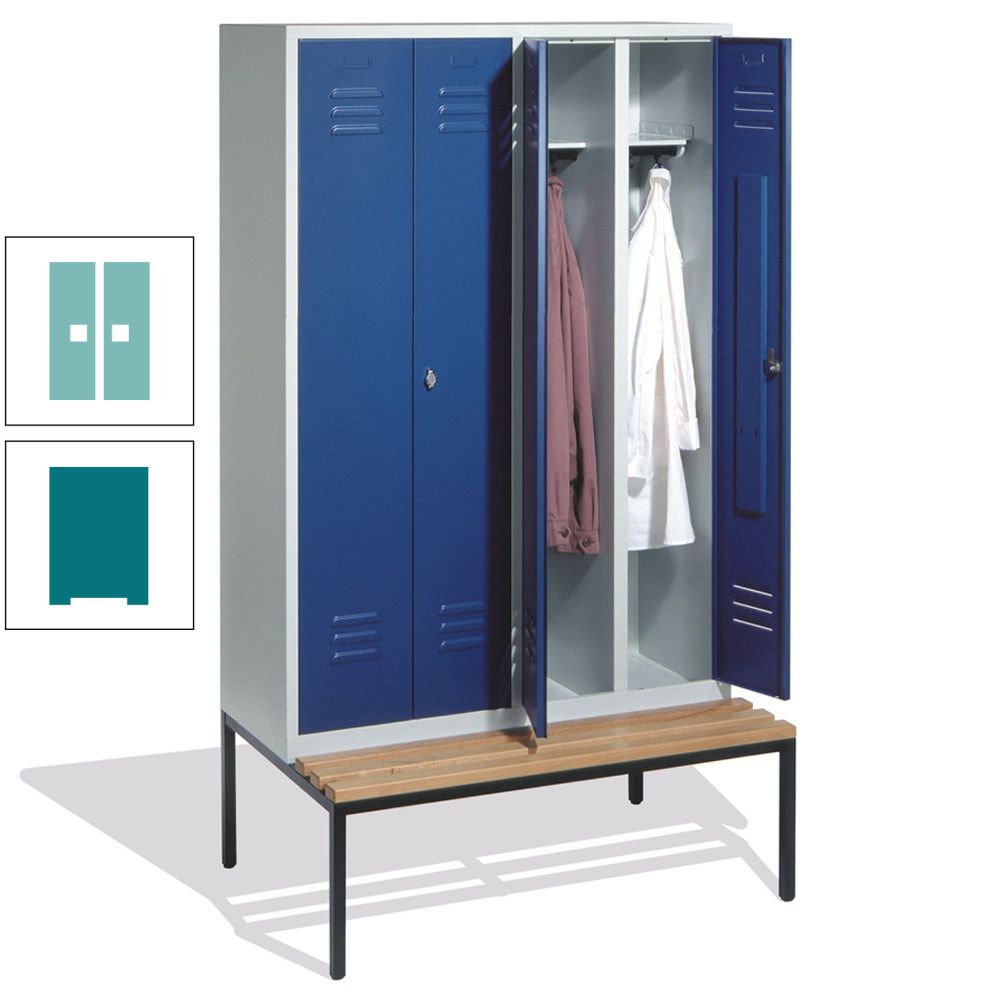 Doppel-Spindschrank, Buche Sitzbank untergebaut, 4 Abteile a 300 mm, Korpus lichtgrau, Tür anthrazitgrau, 2.090 x 1.190 x 815 mm (HxBxT)
