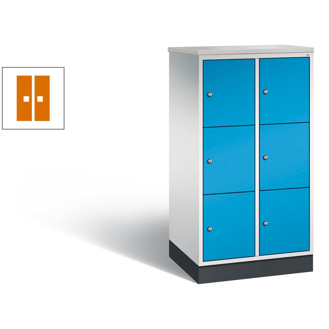 Schließfachschrank, Fächerschrank, 2 Abteile, 6 Fächer, Zylinderschloss, 1.250 x 620 x 500 mm (HxBxT), Korpus Fernblau, Tür anthrazitgrau