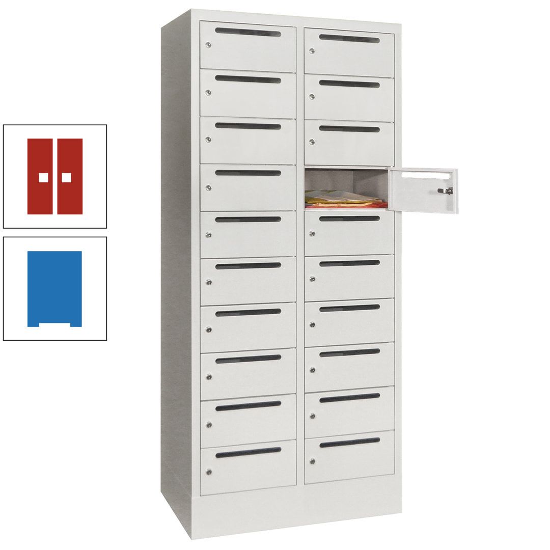 Postverteilerschrank, Schließfachschrank, 2 Abteile a 400 mm, 20 Fächer, 1.850 x 800 x 500 mm (HxBxT), Korpus anthrazitgrau, Front anthrazitgrau