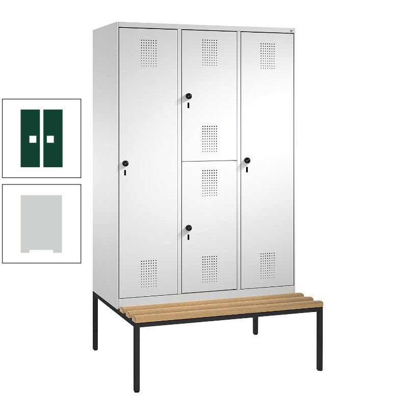 Garderobenschrank, Spind ein- und doppelstöckig Sitzbank, 3 Abteile, 4 Fächer, 2.090x1.200x500 mm (HxBxT), Front anthrazitgrau, Korpus anthrazitgrau