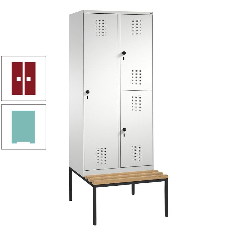 Garderobenschrank, Spind ein- und doppelstöckig Sitzbank, 2 Abteile, 3 Fächer, 2.090 x 800 x 500 mm (HxBxT), Front anthrazitgrau, Korpus anthrazitgrau