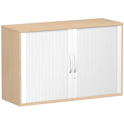 Anstell-Querrollladenschrank, 2 Ordnerhöhen, Schloss, Bogengriff,1 Fachboden, 720 x 1.200 x 425 mm(HxBxT), Rollladen silber, Korpusfarbe Nussbaum