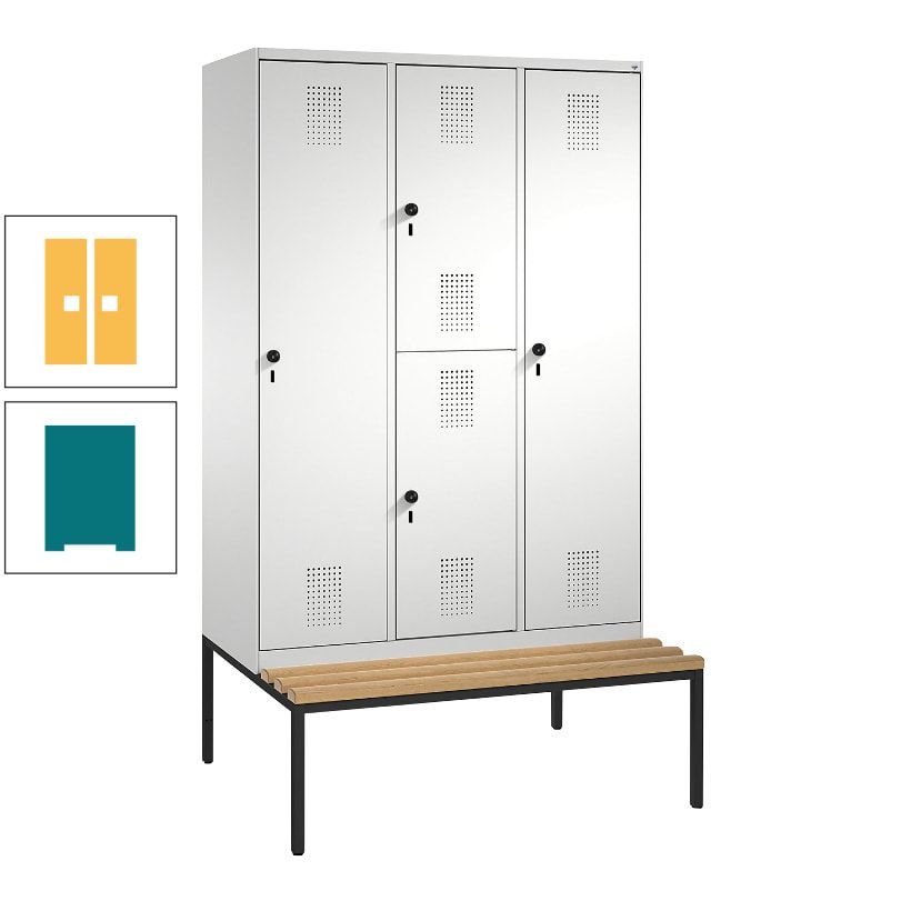 Garderobenschrank, Spind ein- und doppelstöckig Sitzbank, 3 Abteile, 4 Fächer, 2.090x1.200x500 mm (HxBxT), Front anthrazitgrau, Korpus anthrazitgrau