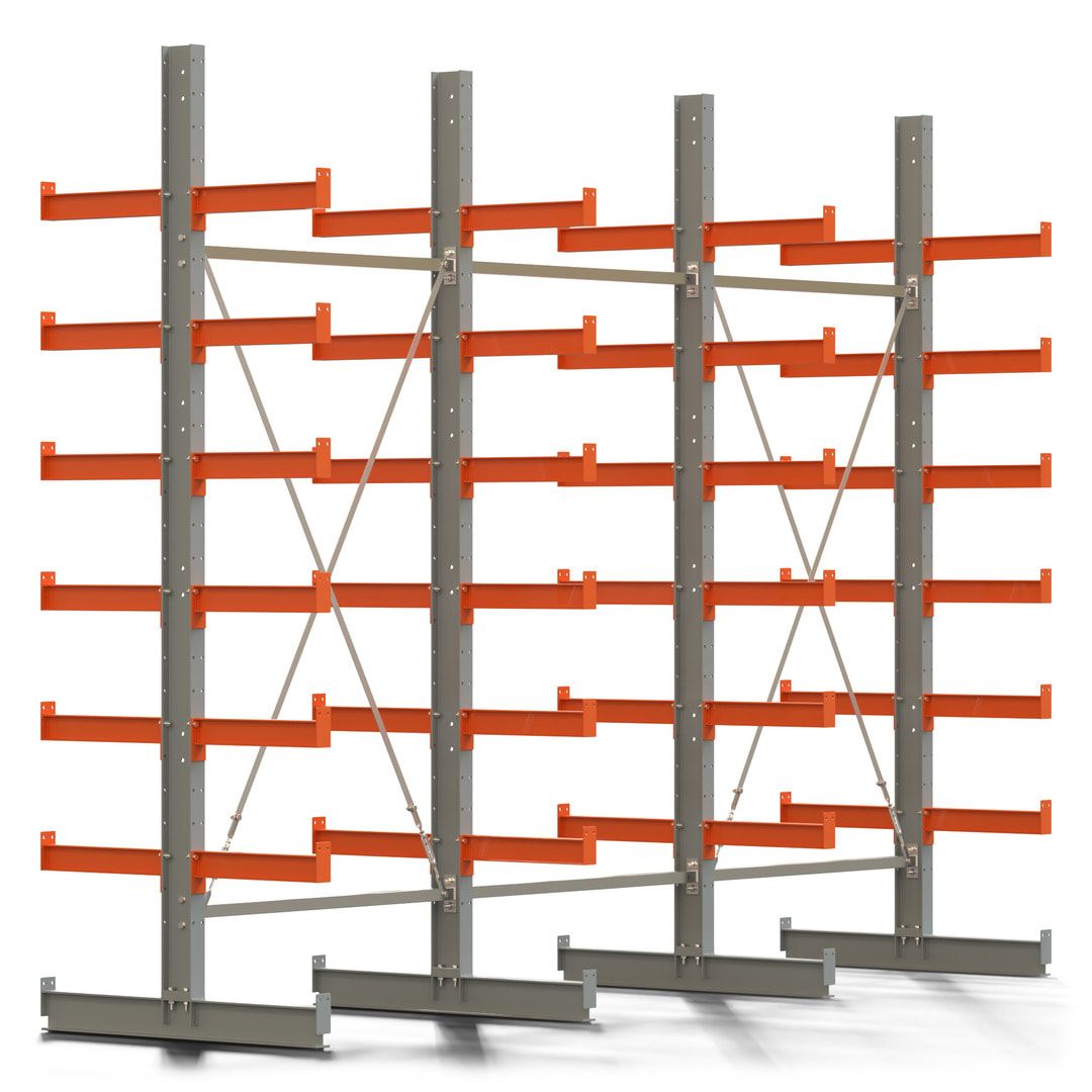 Doppelseitiges Kragarmregal, 2 Felder, 3.000 x 2.560 x 1.120 mm (HxBxT), Nutztiefe 500 mm, Kragarmlast 870 kg, KARL basic, silbergrau/reinorange