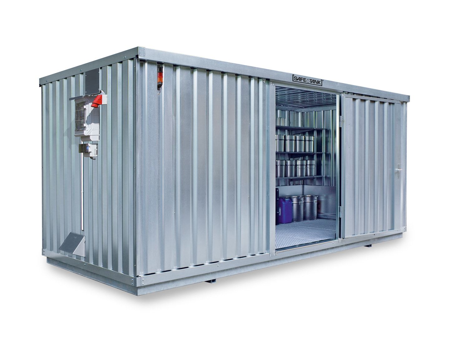 Gefahrstoffcontainer - Gefahrstoffdepot - 2.300 x 5.080 x 2.170 mm (HxBxT) - Auffangvolumen 1.480 l - Lüftersteuerung - Doppelflügeltür kurze Seite