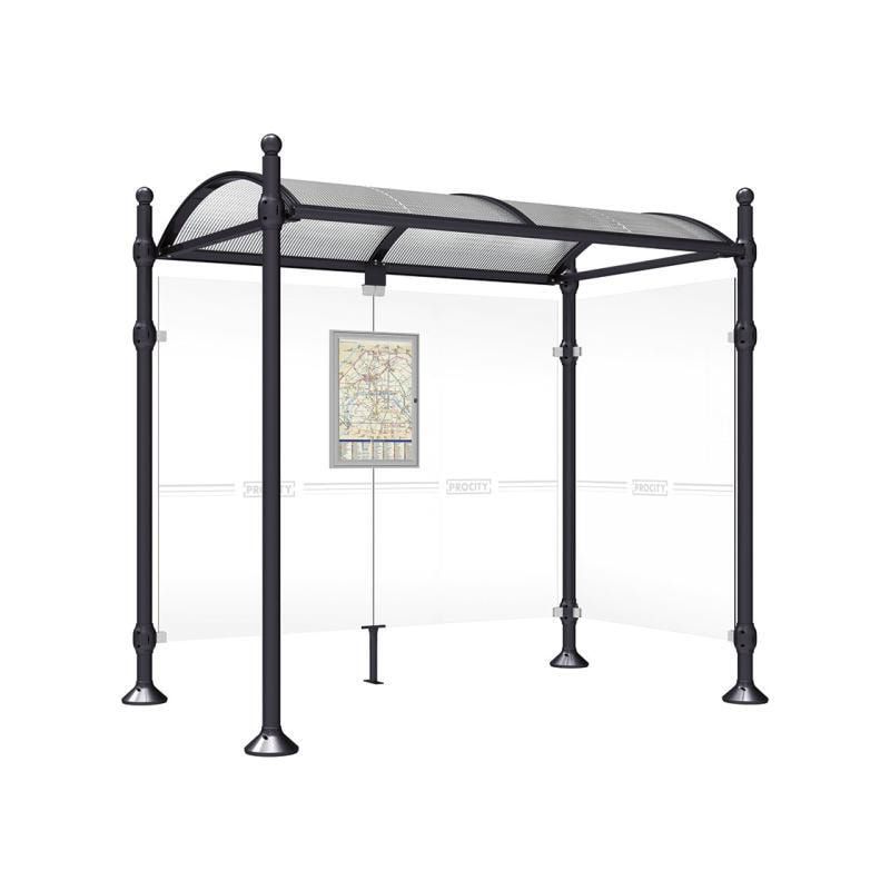 Buswartehalle, Unterstand, 2 Seitenwände, Kopf gebürsteter Edelstahl, ESG, Fahrplanschaukasten, 2.500 x 2.500 x 1.600 mm (HxBxT), Farbe enzianblau